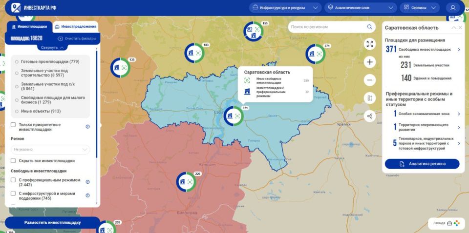 Саратовская область предлагает свыше 370 свободных инвестплощадок для создания новых предприятий