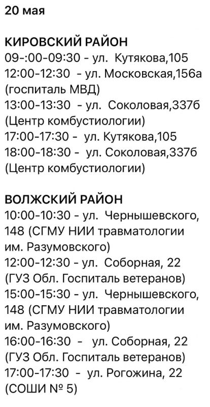 График подвоза воды 20 и 21 мая в Саратове