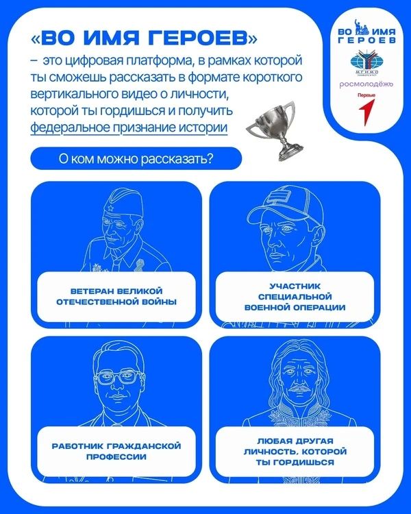 ВО ИМЯ ГЕРОЕВ!. Отличная возможность для молодежи заявить о своих медиапроектах и рассказать о настоящих подвигах на всю страну! Объявлен прием заявок на Всероссийский проект «Во имя героев» ВО ИМЯ ГЕРОЕВ!. Отличная возможность для молодежи заявить о своих медиапроектах и рассказать о настоящих подвигах на всю страну! Объявлен прием заявок на Всероссийский проект «Во имя героев»