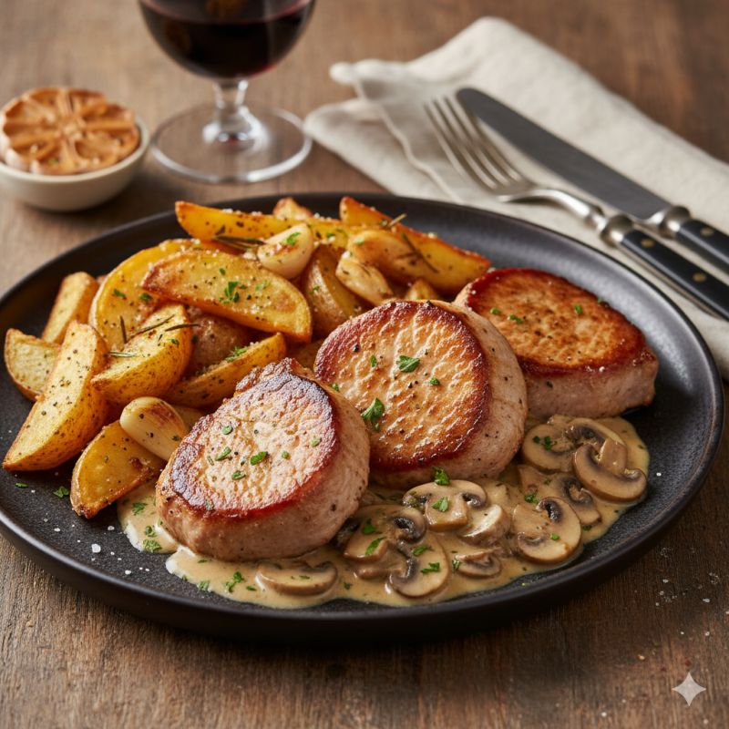 Нежнейшие медальоны из свинины в сочетании с насыщенным сливочно-грибным соусом и хрустящим картофелем с розмарином